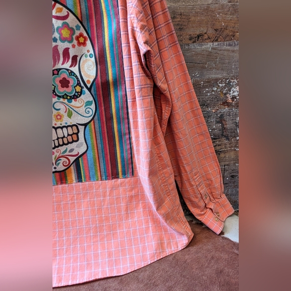 Upcycled Dip Dyed Bleached Button Down Shirt With Sugar Skull - Picture 5 of 13
